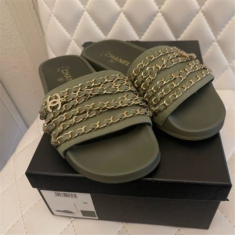 chanel olive green slides|Sandals .